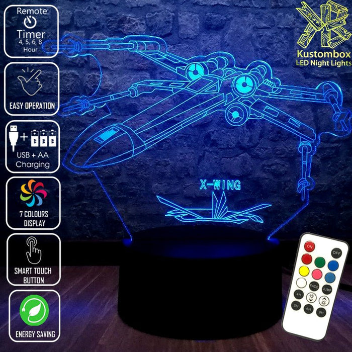 X WING Jedi Ship Star Wars - LED Night Light 7 Colours + Remote Control - Kustombox