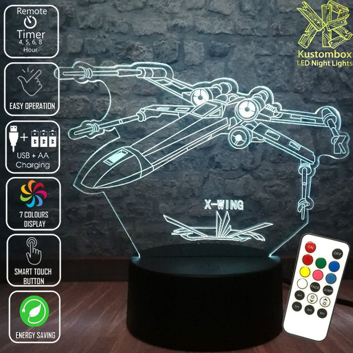 X WING Jedi Ship Star Wars - LED Night Light 7 Colours + Remote Control - Kustombox