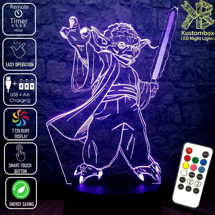 Yoda Jedi Master with Light Sabre Star Wars - LED Night Light 7 Colours + Remote Control - Kustombox