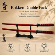 Bokken Double Pack with two red practice swords on a stand against a beige background.