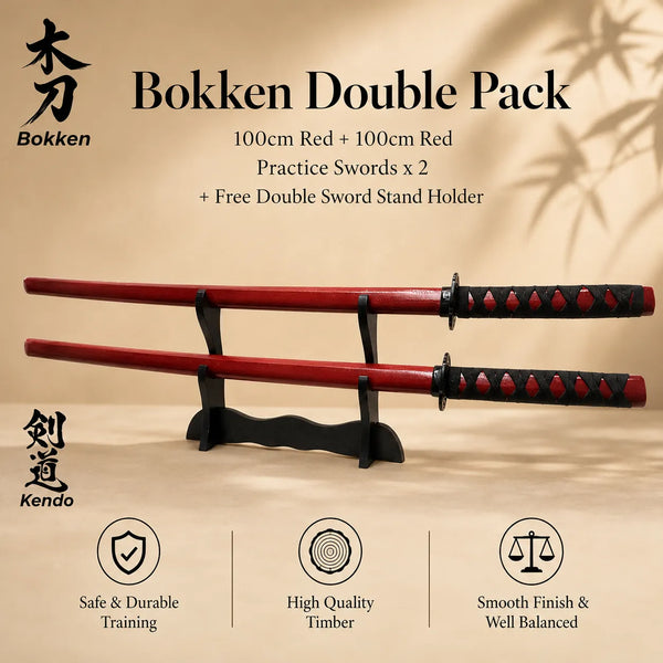 Bokken Double Pack with two red practice swords on a stand against a beige background.