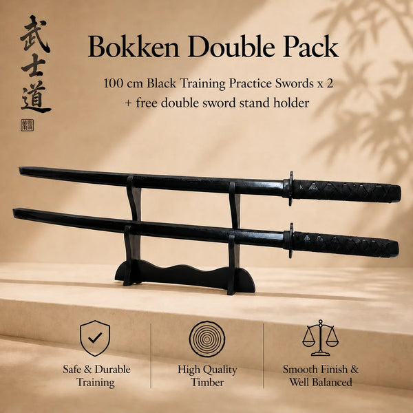 Bokken double pack with two black training practice swords and a stand on a beige background.