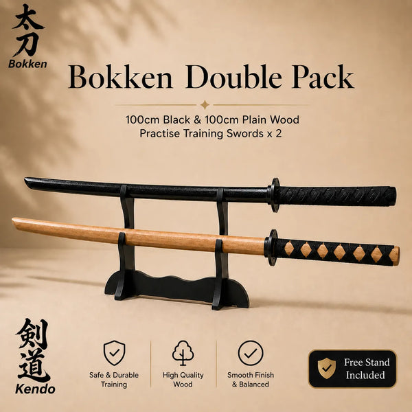 Bokken Double Pack with black and wooden swords on a stand against a beige background.