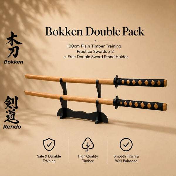 Bokken Double Pack with wooden training swords and stand holder on a brown background