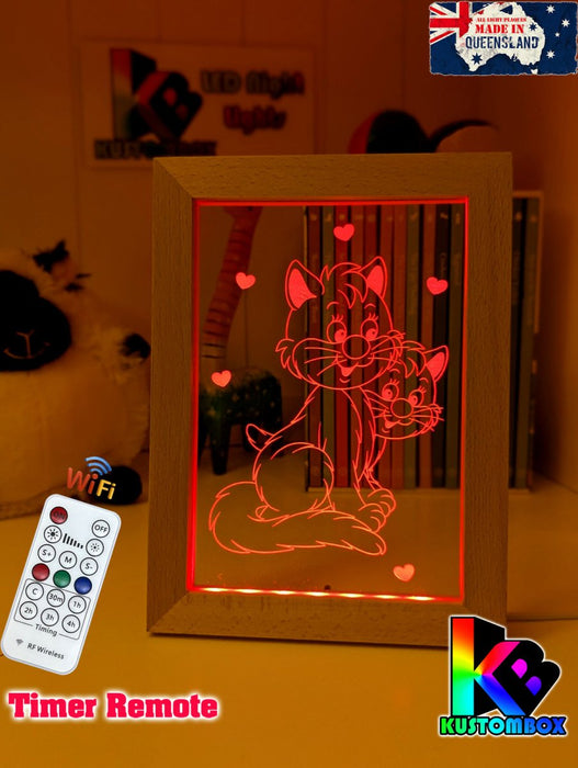 2 Cute Cats Personalised Name Timber Frame USB 3D LED Night Light Lamp - KustomboxNight Lights & Ambient LightingKustomboxTimber Frame Light