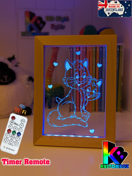 2 Cute Cats Personalised Name Timber Frame USB 3D LED Night Light Lamp - KustomboxNight Lights & Ambient LightingKustomboxTimber Frame Light