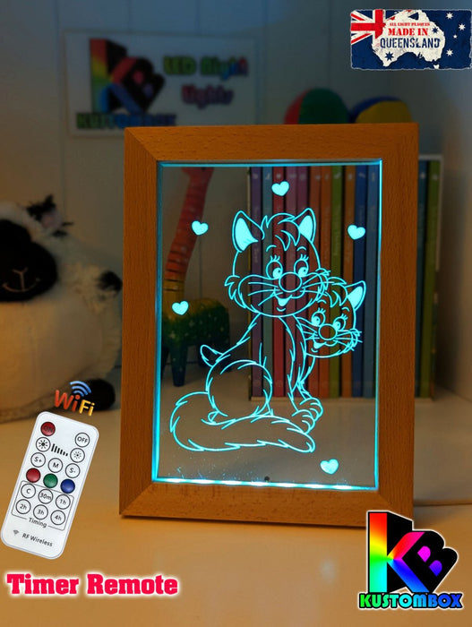 2 Cute Cats Personalised Name Timber Frame USB 3D LED Night Light Lamp - KustomboxNight Lights & Ambient LightingKustomboxTimber Frame Light