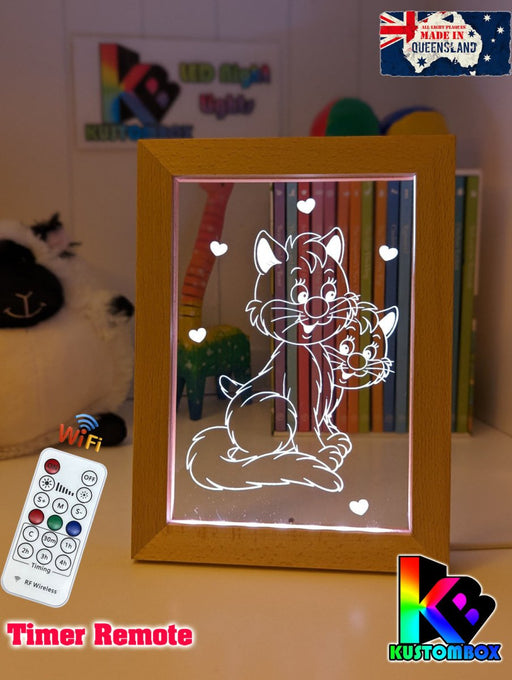 2 Cute Cats Personalised Name Timber Frame USB 3D LED Night Light Lamp - KustomboxNight Lights & Ambient LightingKustomboxTimber Frame Light