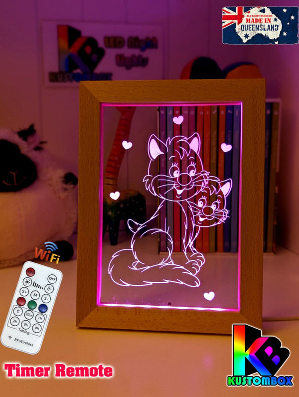 2 Cute Cats Personalised Name Timber Frame USB 3D LED Night Light Lamp - KustomboxNight Lights & Ambient LightingKustomboxTimber Frame Light