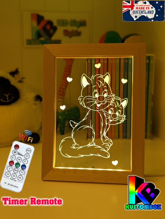 2 Cute Cats Personalised Name Timber Frame USB 3D LED Night Light Lamp - KustomboxNight Lights & Ambient LightingKustomboxTimber Frame Light