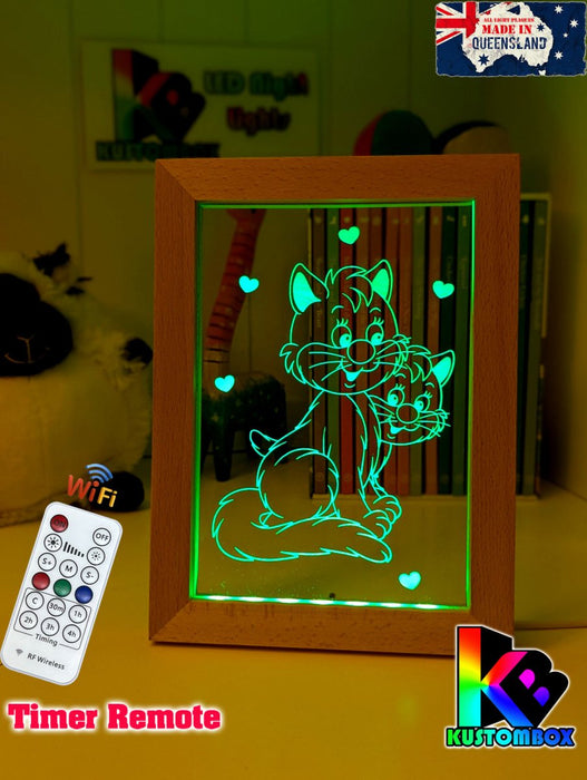 2 Cute Cats Personalised Name Timber Frame USB 3D LED Night Light Lamp - KustomboxNight Lights & Ambient LightingKustomboxTimber Frame Light