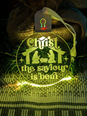 Custom engraved Christ the Saviour is Born bauble illuminated with multi-colour LED lights