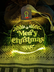 Custom engraved Wish you a Merry Christmas bauble illuminated with multi-colour LED lights