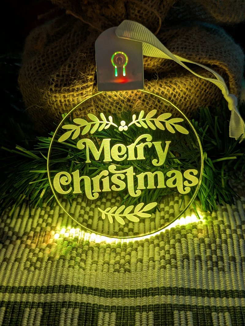 Custom engraved Wish you a Merry Christmas bauble illuminated with multi-colour LED lights