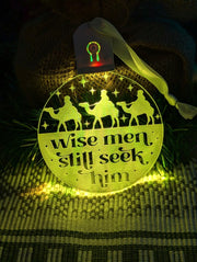Custom engraved three wise men bauble illuminated with multi-colour LED lights