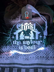 Christ the Saviour is Born LED acrylic light bauble with 7-colour glow and engraved design