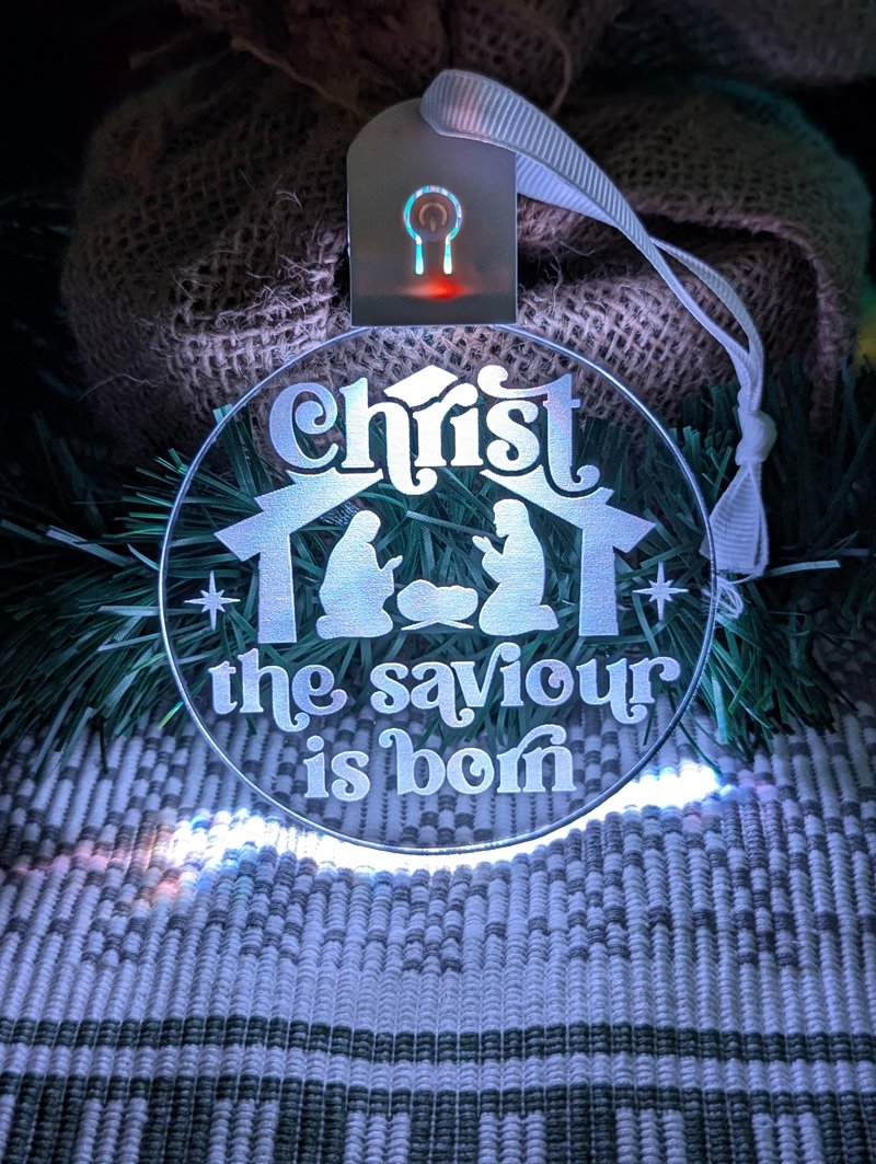 Christ the Saviour is Born LED acrylic light bauble with 7-colour glow and engraved design