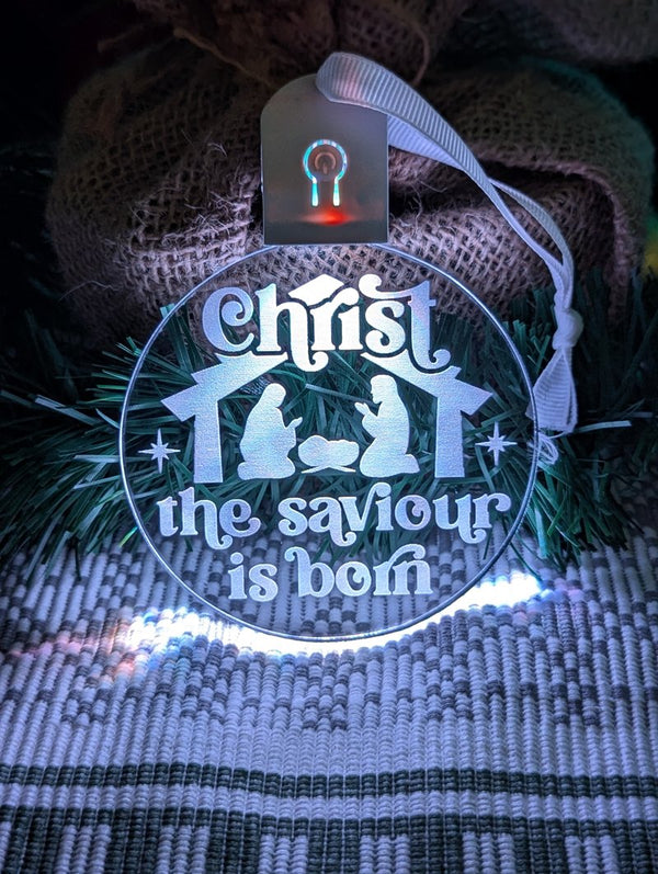 Christ the Saviour is Born LED acrylic light bauble with 7-colour glow and engraved design