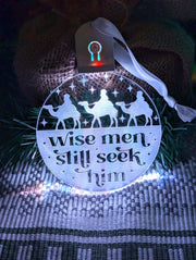 three wise men LED acrylic light bauble with 7-colour glow and engraved design