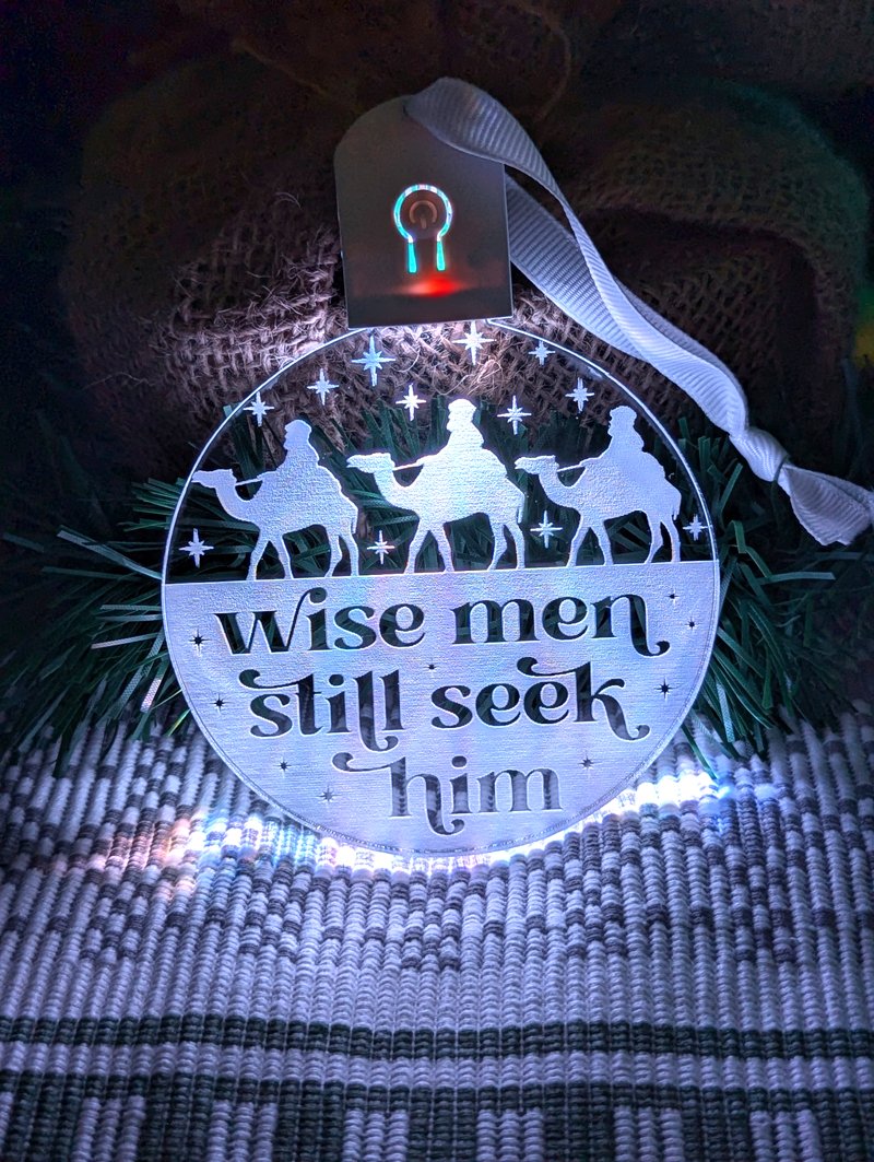 three wise men LED acrylic light bauble with 7-colour glow and engraved design