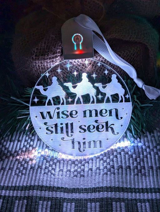 three wise men LED acrylic light bauble with 7-colour glow and engraved design