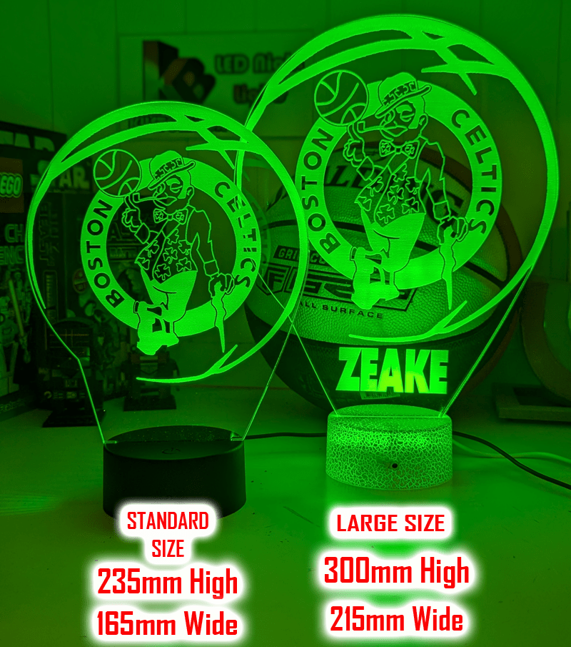 Custom Boston Celtics basketball LED lamp with engraved name and multi-colour lighting