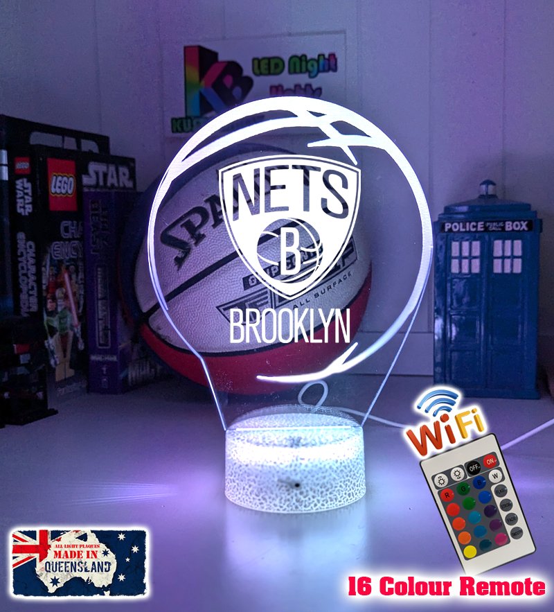custom Brooklyn Nets basketball LED lamp with engraved name and multi-colour lighting