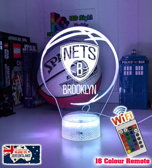 custom Brooklyn Nets basketball LED lamp with engraved name and multi-colour lighting