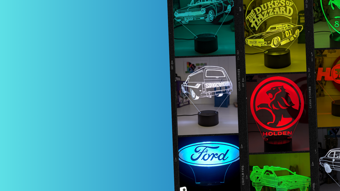 Collection of illuminated mancave car-themed night lights 