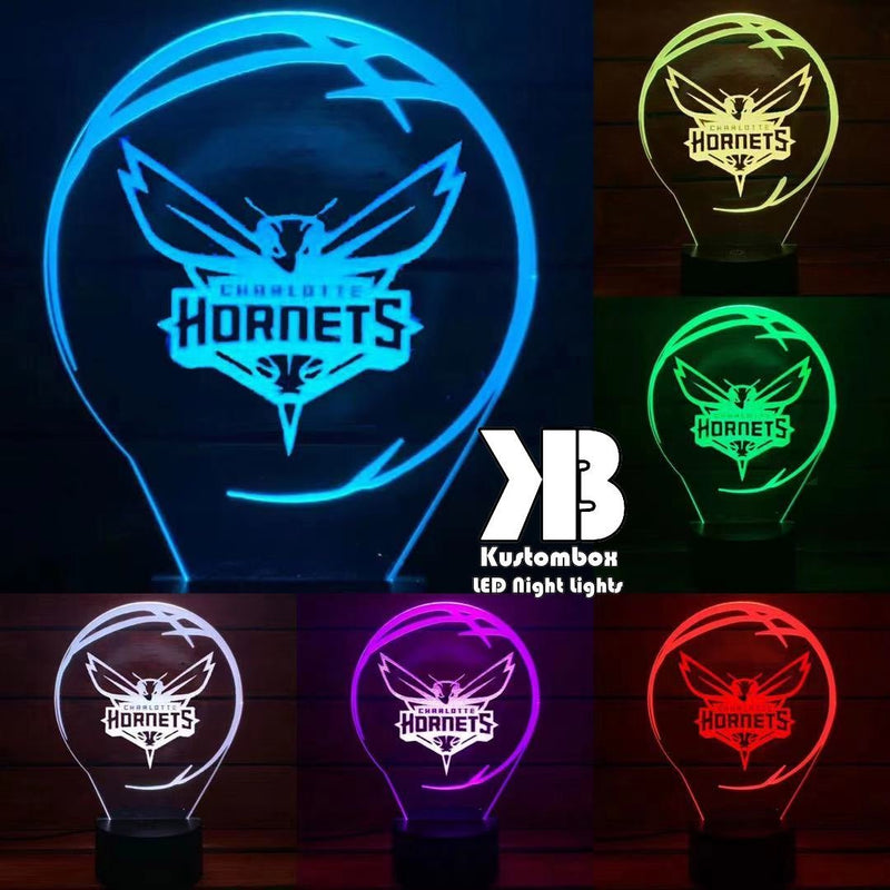 Charlotte Hornets custom 3D LED lamp with engraved name, showing bright multi-colour glow