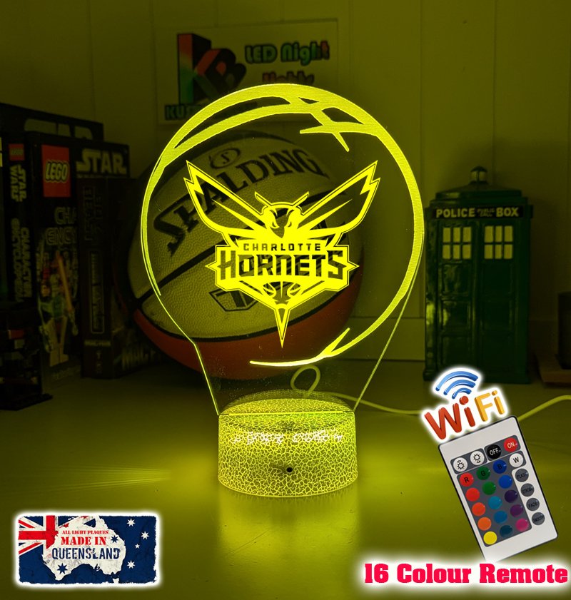 custom Charlotte Hornets basketball LED lamp with engraved name and multi-colour lighting