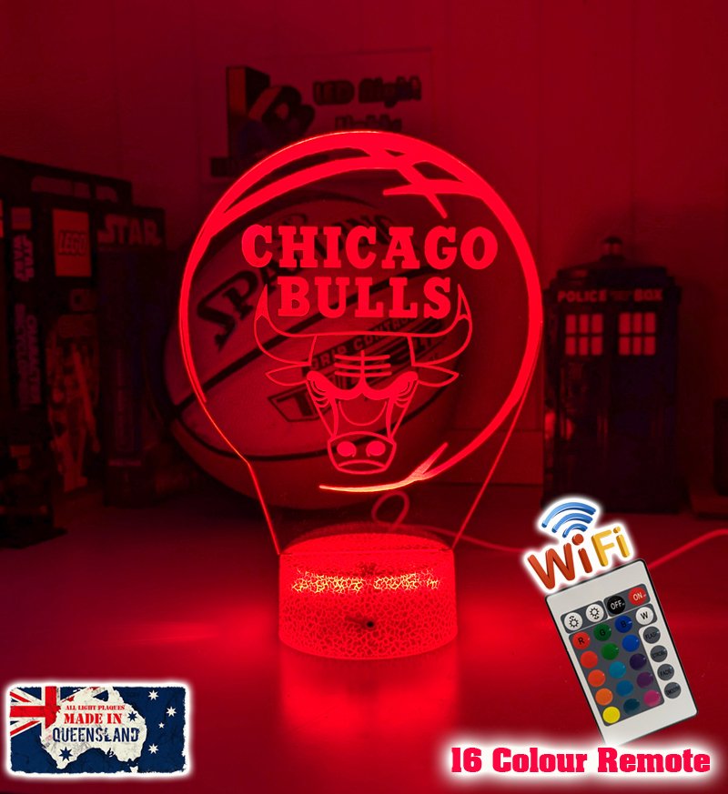 Personalised Chicago Bulls acrylic night light featuring team logo outline and custom engraving
