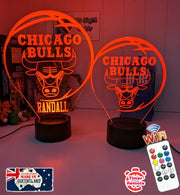 Chicago Bulls custom 3D LED lamp with engraved name, showing bright multi-colour glow