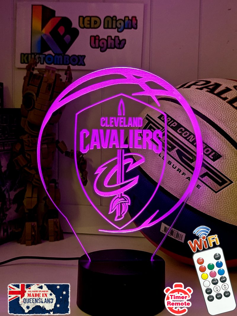 personalised Cleveland Cavaliers acrylic night light featuring team logo outline and custom engraving