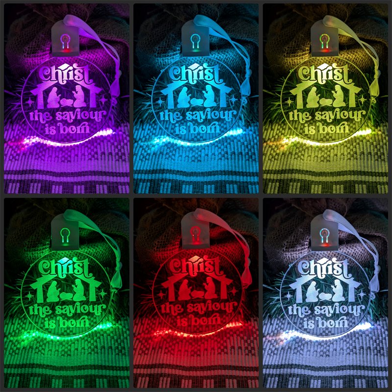 Rechargeable Christ the Saviour is Born acrylic bauble featuring flash and fade LED modes