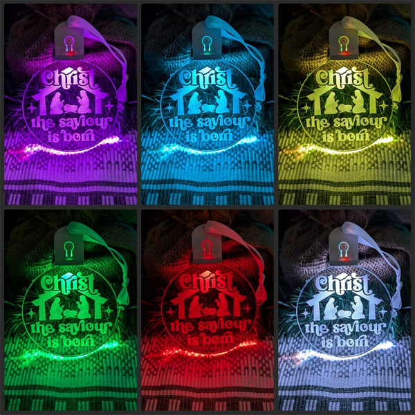 Rechargeable Christ the Saviour is Born acrylic bauble featuring flash and fade LED modes