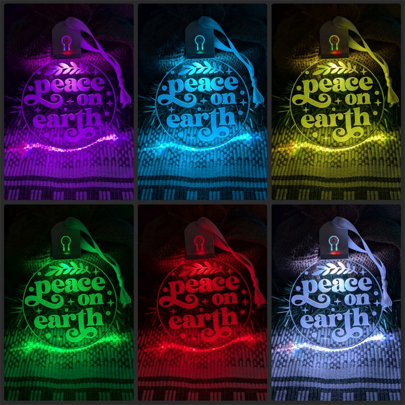 Rechargeable Peace on Earth acrylic bauble featuring flash and fade LED modes