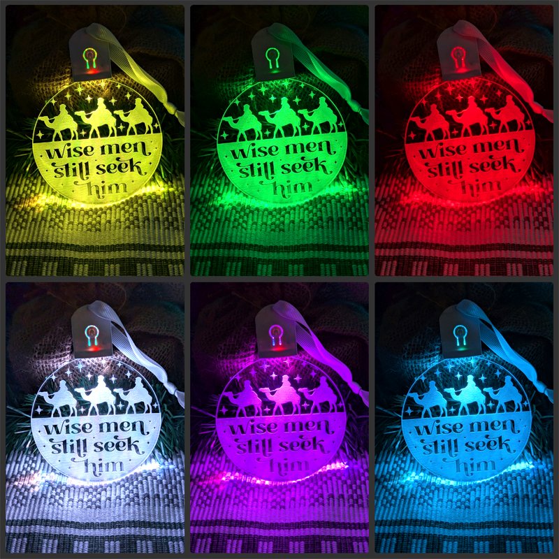 Rechargeable three wise men acrylic bauble featuring flash and fade LED modes