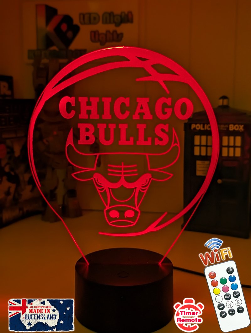 Chicago Bulls logo 3D LED light with 16-colour remote, great NBA gift for man cave or bedroom