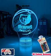 Memphis Grizzlies logo 3D LED light with 16-colour remote, great NBA gift for man cave or bedroom