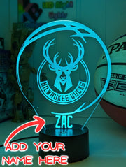 Milwaukee Bucks logo 3D LED light with 16-colour remote, great NBA gift for man cave or bedroom