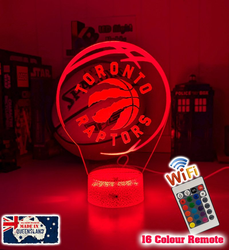 Toronto Raptors custom 3D LED lamp with engraved name, showing bright multi-colour glow