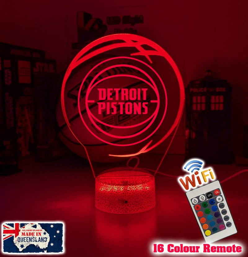 Detroit Pistons logo 3D LED light with 16-colour remote, great NBA gift for man cave or bedroom
