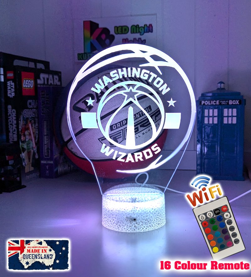  Washington Wizards logo 3D LED light with 16-colour remote, great NBA gift for man cave or bedroom