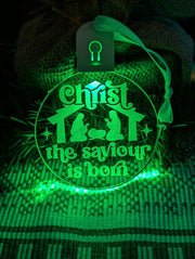 Vibrant 7-colour Christ the Saviour is Born acrylic bauble with on/off button and engraving