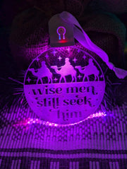 Vibrant 7-colour three wise men acrylic bauble with on/off button and engraving