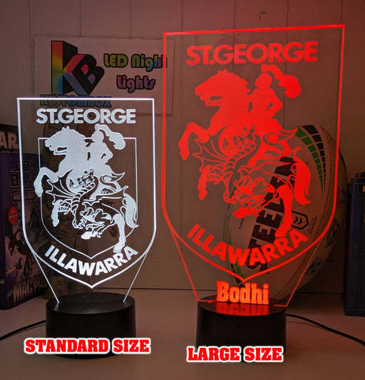 Custom St George Illawarra Dragons LED lamp with engraved name, multi-colour lighting for rugby league fans