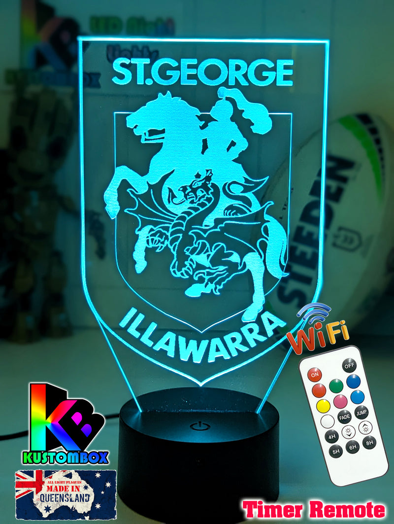 Custom St George Illawarra Dragons LED lamp with 7-colour glow, perfect NRL-themed gift