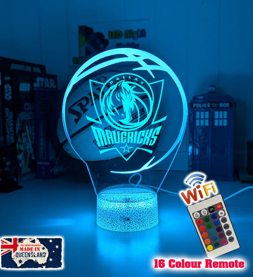 Custom Dallas Mavericks basketball LED lamp with engraved name and multi-colour lighting