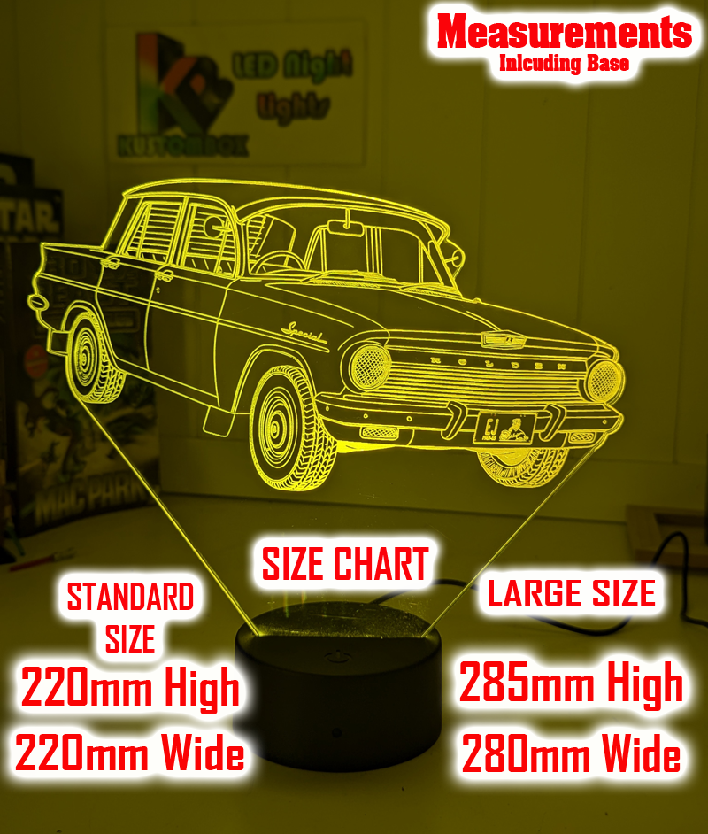   acrylic LED night light with colour-changing modes and smooth engraved detailing. sizing chart